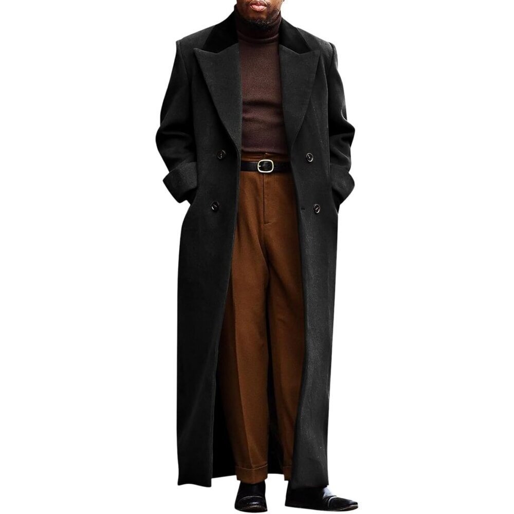 Men's Black Full Length Trench Coat Notched Double Breasted Winter Overcoat